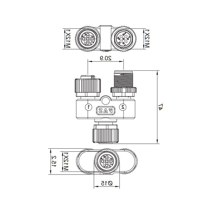 M12 5Pin母头/M12 5Pin公头+M12 5Pin母头、三通接头、644443